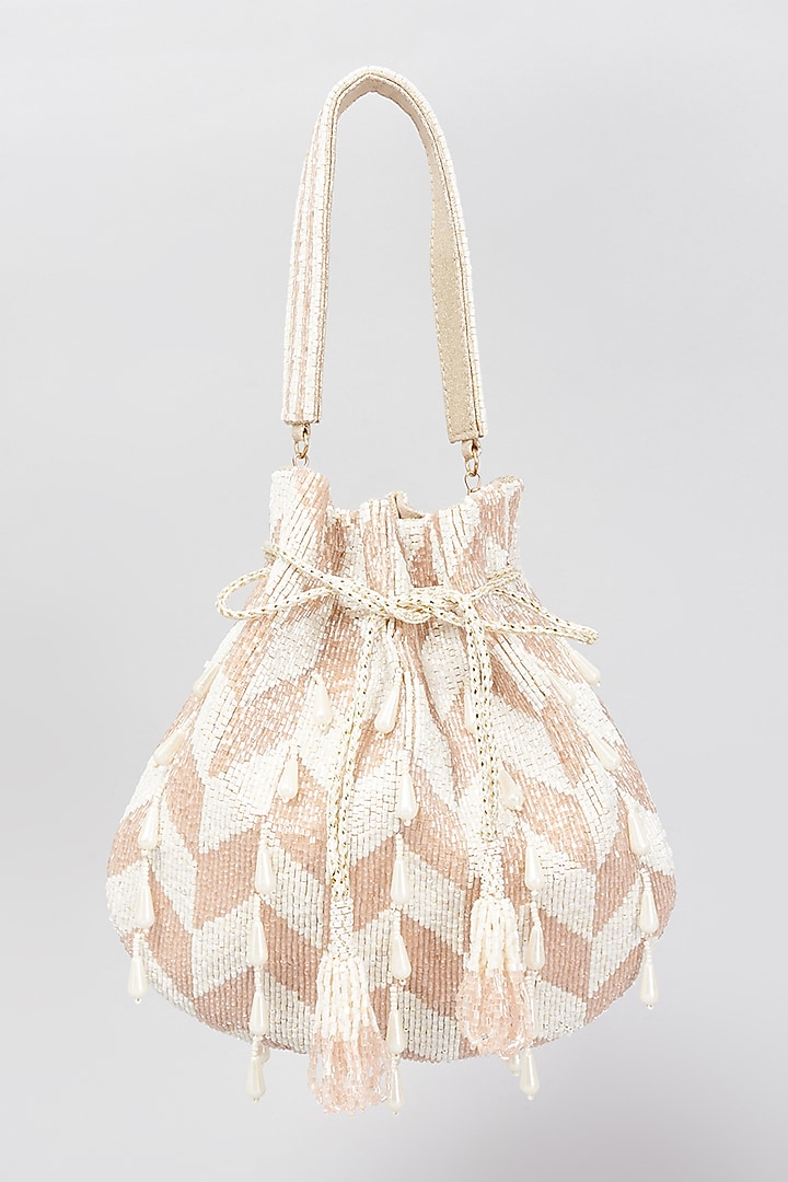 Ivory Shimmer Faux Leather Embellished Potli Bag by BEAU MONDE at Pernia's Pop Up Shop