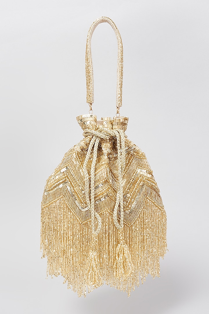 Gold Shimmer Faux Leather Embellished Potli Bag by BEAU MONDE