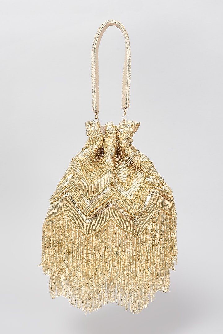 Gold Shimmer Faux Leather Embellished Potli Bag by BEAU MONDE at Pernia's Pop Up Shop