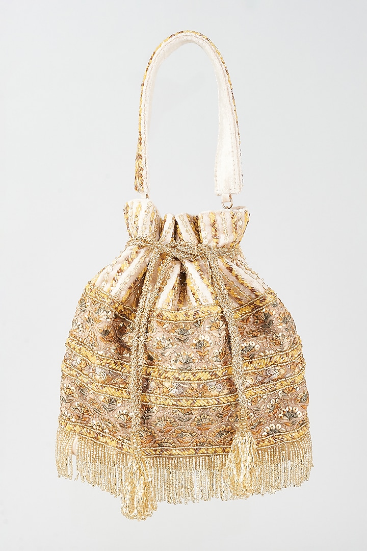 Yellow Gold Vegan Leather Embellished Potli by BEAU MONDE at Pernia's Pop Up Shop
