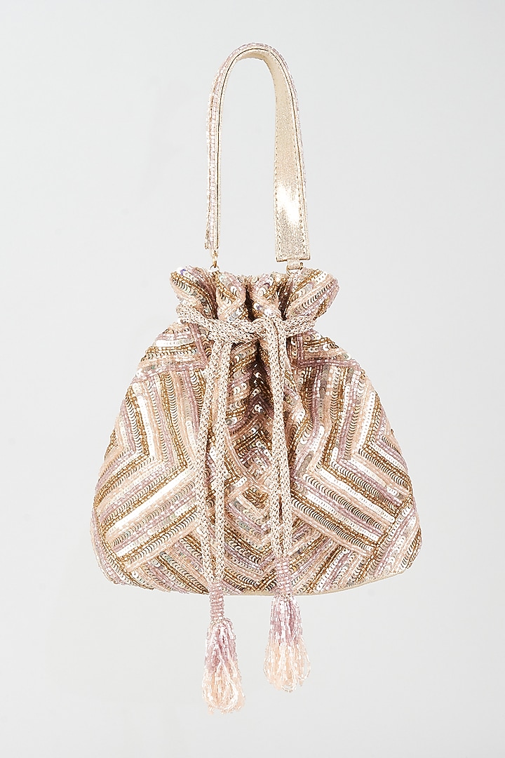 Peach Gold Shimmer Faux Leather Hand Embellished Potli by BEAU MONDE at Pernia's Pop Up Shop