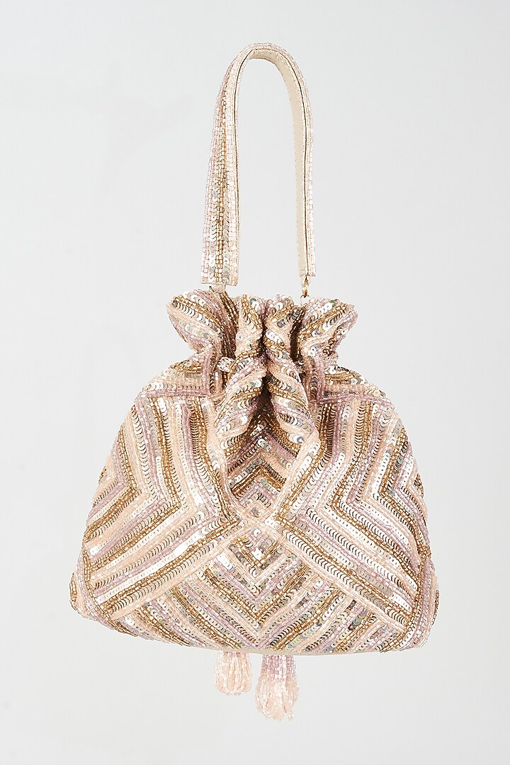 Peach Gold Shimmer Faux Leather Hand Embellished Potli by BEAU MONDE at Pernia's Pop Up Shop