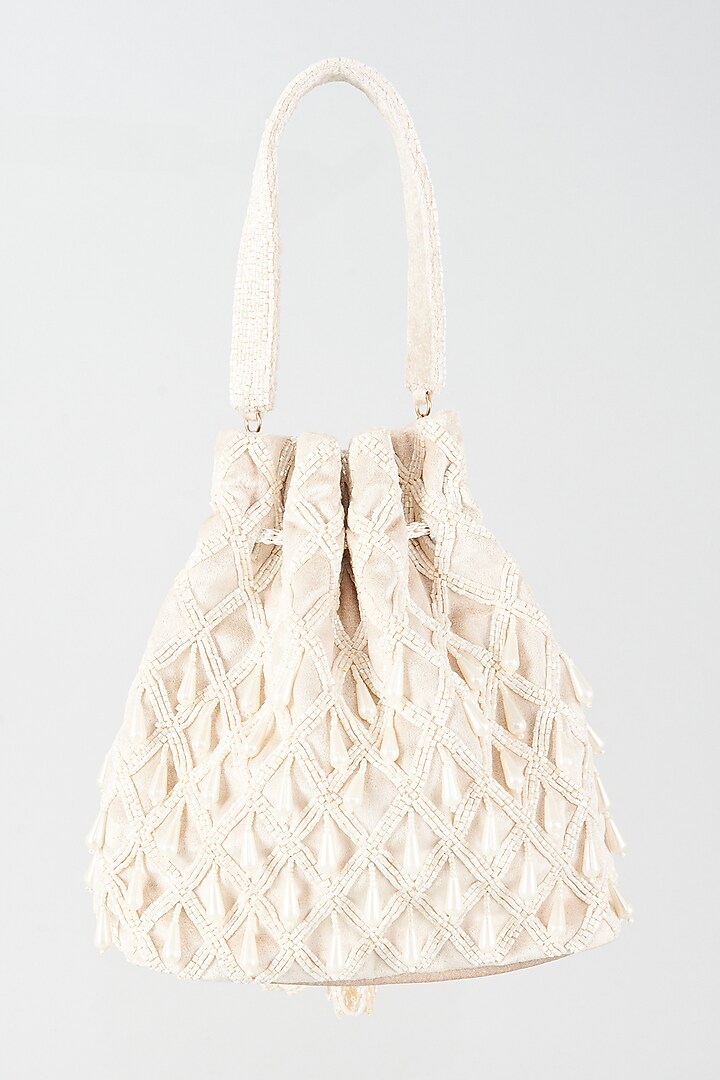 White Shimmer Faux Leather Hand Embellished Potli by BEAU MONDE at Pernia's Pop Up Shop