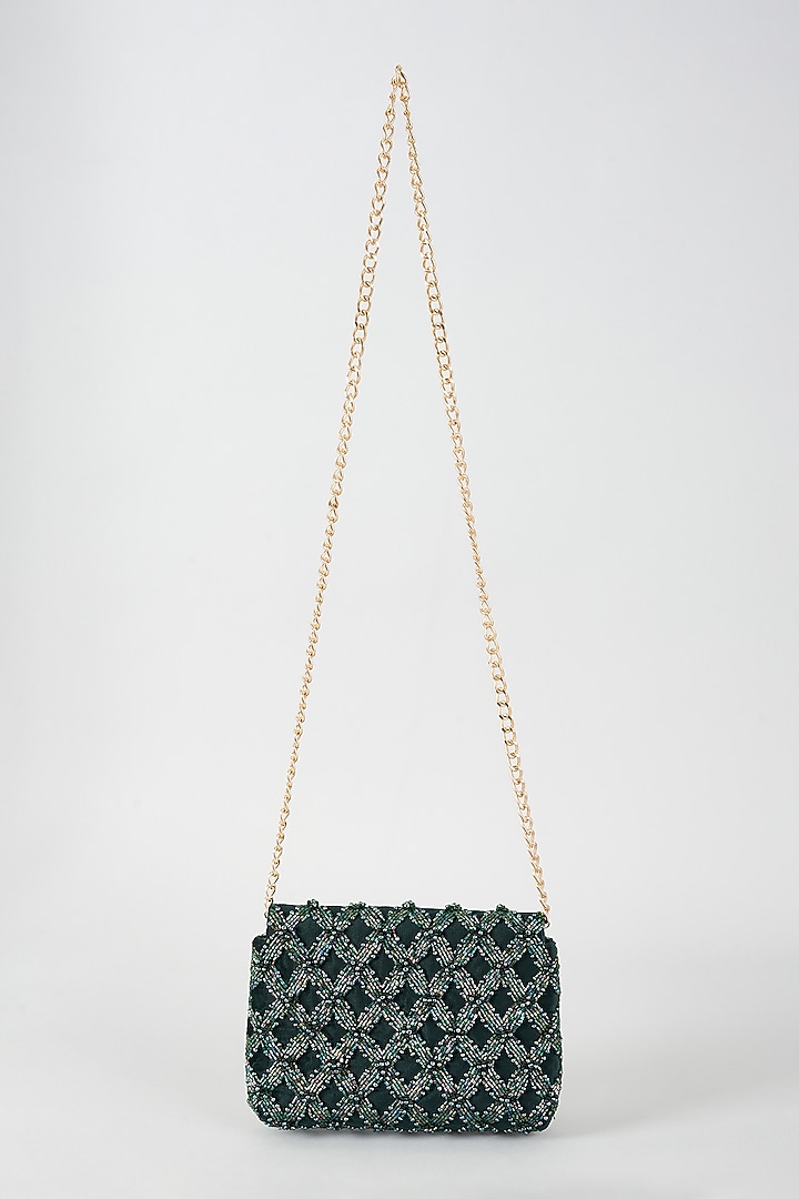 Green & Gold Velvet Hand Embellished Clutch by BEAU MONDE at Pernia's Pop Up Shop