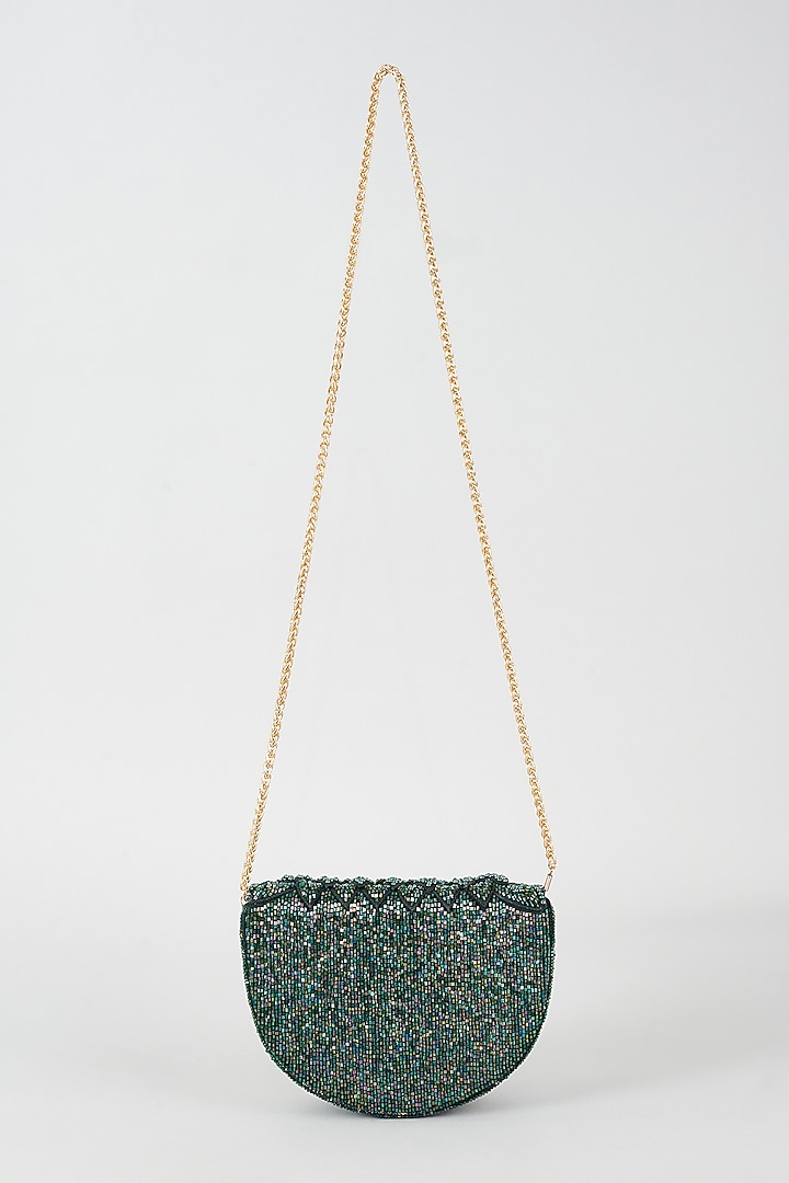 Green Velvet Hand Embellished Oval Clutch by BEAU MONDE at Pernia's Pop Up Shop