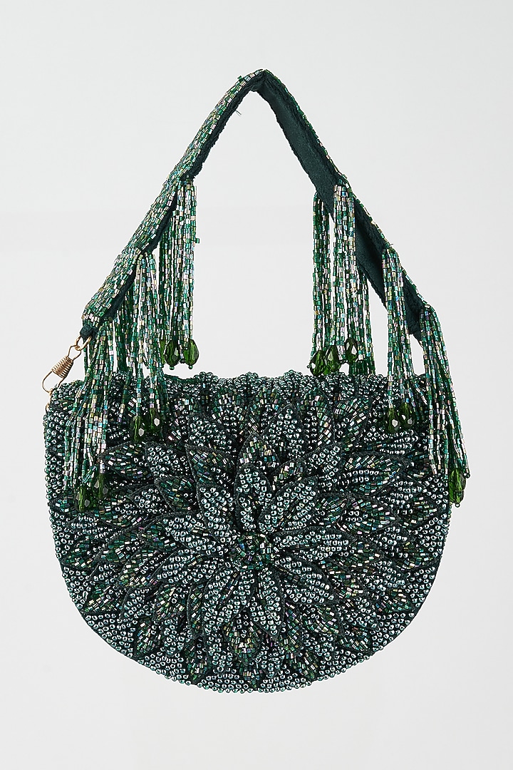 Green Velvet Hand Embellished Oval Clutch by BEAU MONDE at Pernia's Pop Up Shop