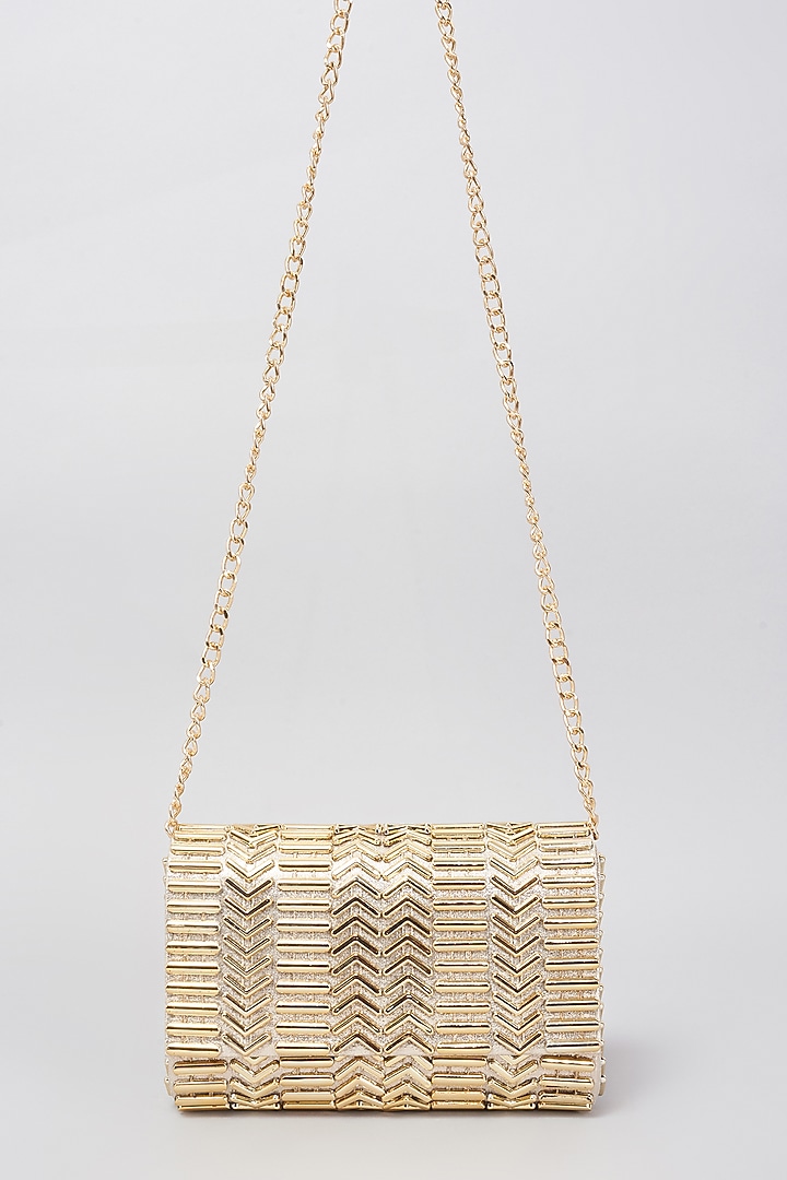Gold Shimmer Faux Leather Embellished Clutch Bag by BEAU MONDE at Pernia's Pop Up Shop