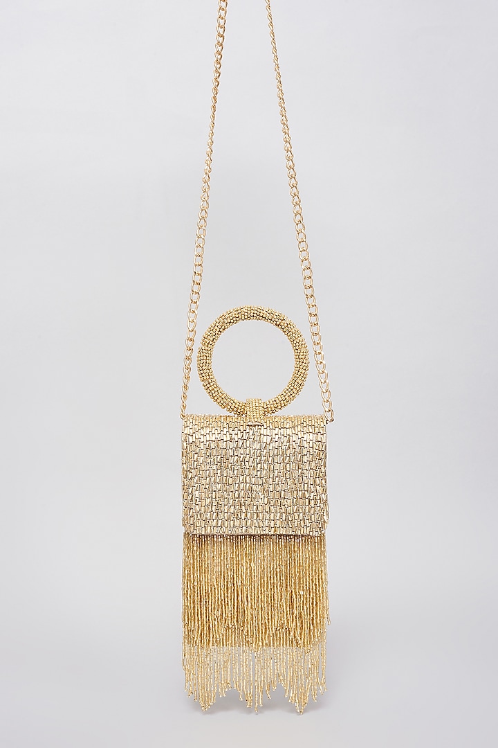 Gold Shimmer Faux Leather Embellished Clutch Bag by BEAU MONDE