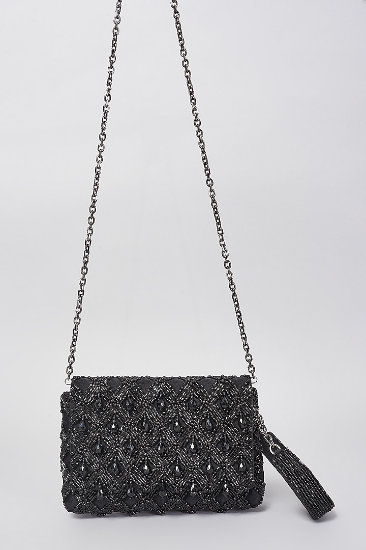 Black Velvet Embellished Clutch Bag by BEAU MONDE at Pernia's Pop Up Shop