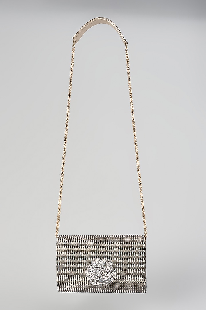Silver Faux Leather Crystal Embellished Clutch by BEAU MONDE at Pernia's Pop Up Shop