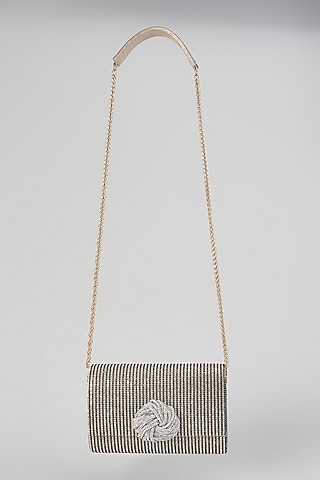 Silver Faux Leather Crystal Embellished Clutch by BEAU MONDE