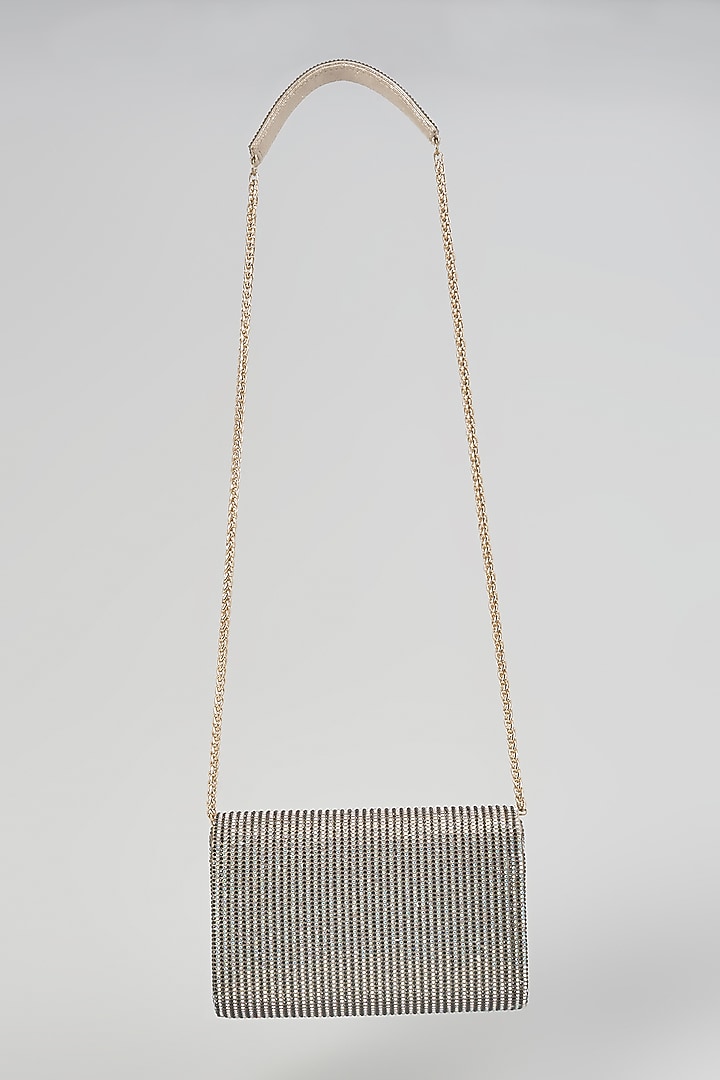 Silver Faux Leather Crystal Embellished Clutch by BEAU MONDE at Pernia's Pop Up Shop