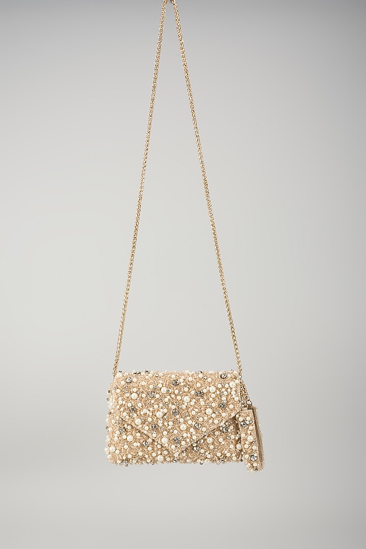 Peach & Rose Gold Faux Leather Crystal Embellished Clutch by BEAU MONDE at Pernia's Pop Up Shop