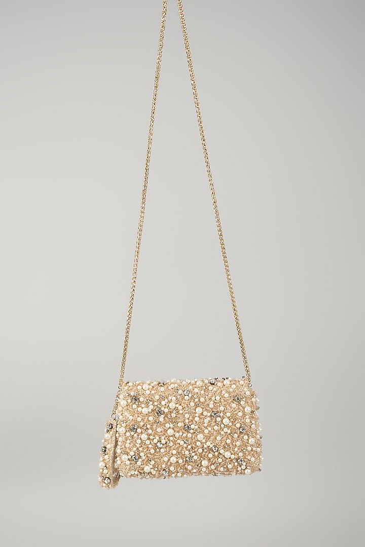 Peach & Rose Gold Faux Leather Crystal Embellished Clutch by BEAU MONDE at Pernia's Pop Up Shop
