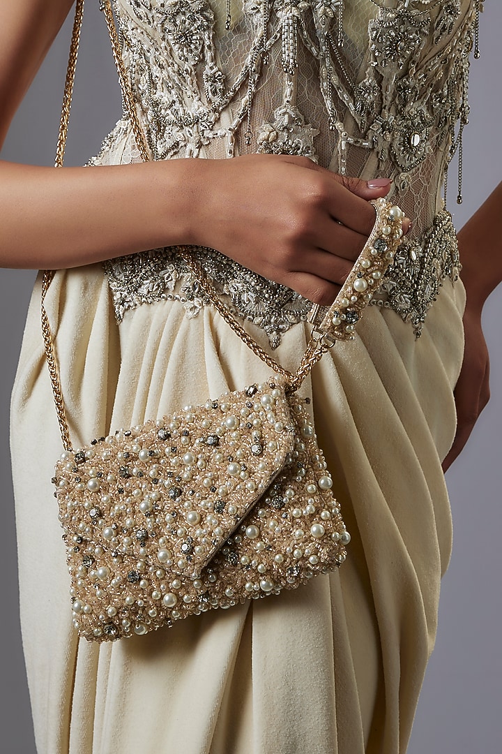 Peach & Rose Gold Faux Leather Crystal Embellished Clutch by BEAU MONDE at Pernia's Pop Up Shop