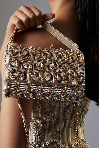 Rose Gold Faux Leather Crystal Embellished Clutch by BEAU MONDE