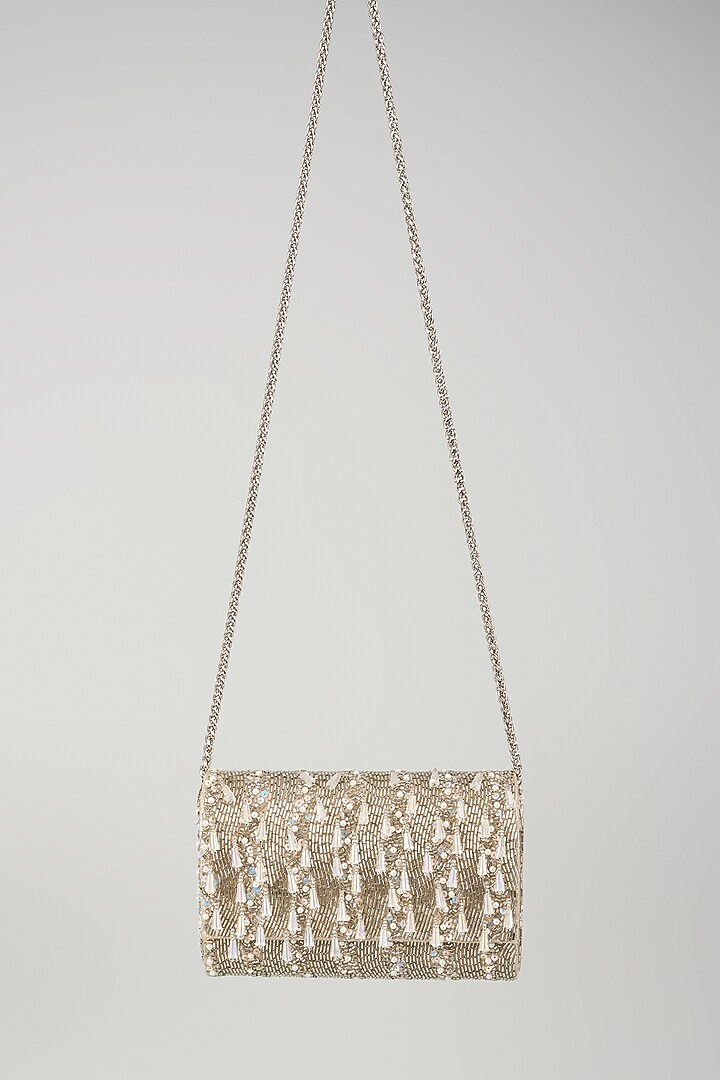 Silver Faux Leather Crystal Embellished Clutch by BEAU MONDE at Pernia's Pop Up Shop