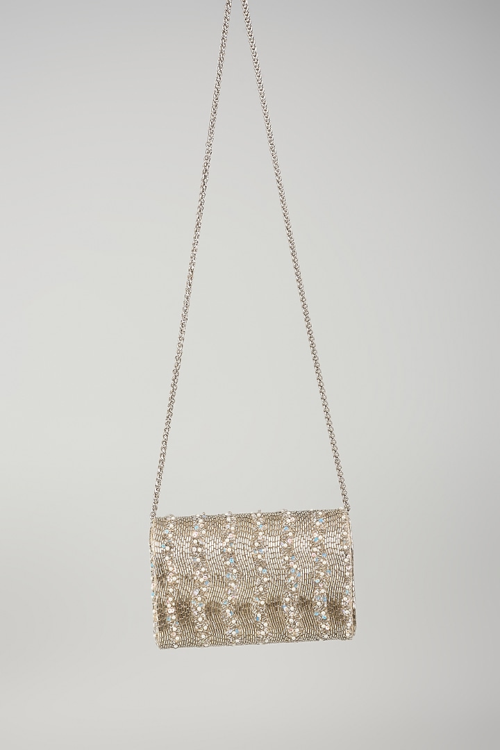 Silver Faux Leather Crystal Embellished Clutch by BEAU MONDE at Pernia's Pop Up Shop