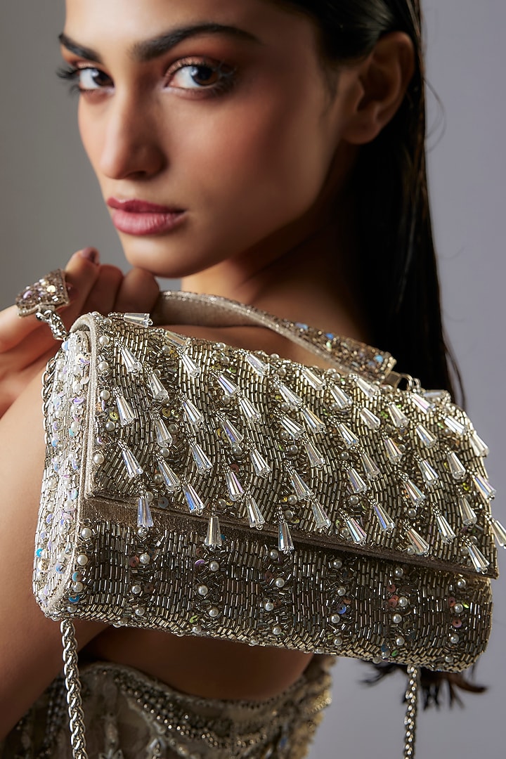 Silver Faux Leather Crystal Embellished Clutch by BEAU MONDE at Pernia's Pop Up Shop