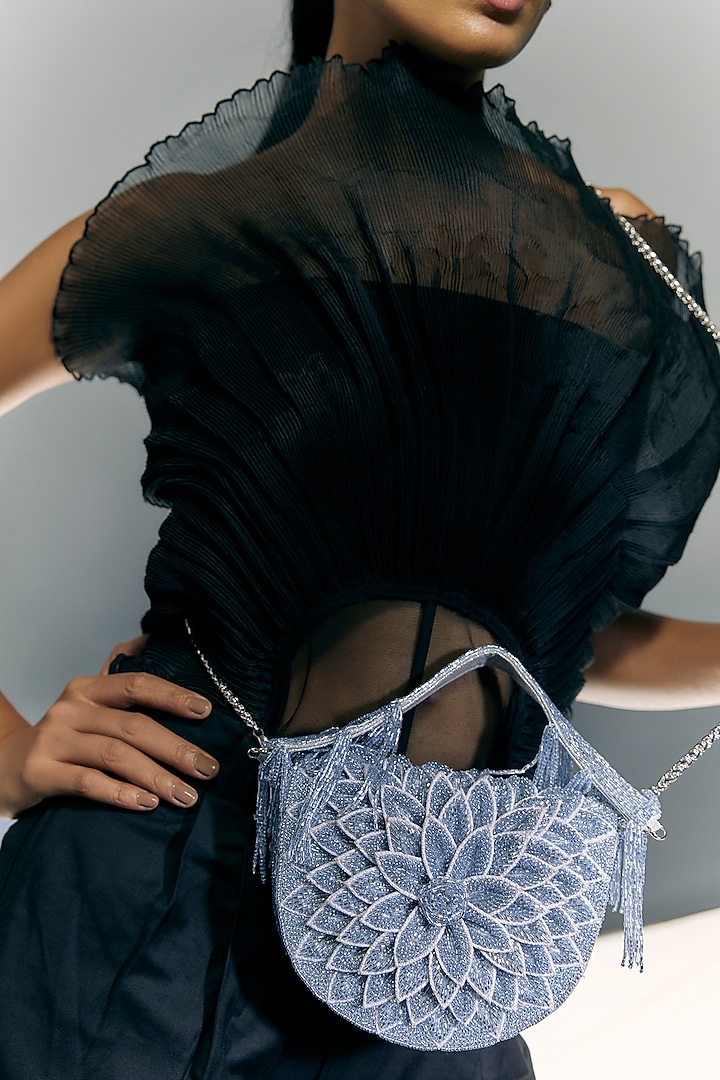 Blue Vegan Leather Crystal Embellished Clutch by BEAU MONDE at Pernia's Pop Up Shop