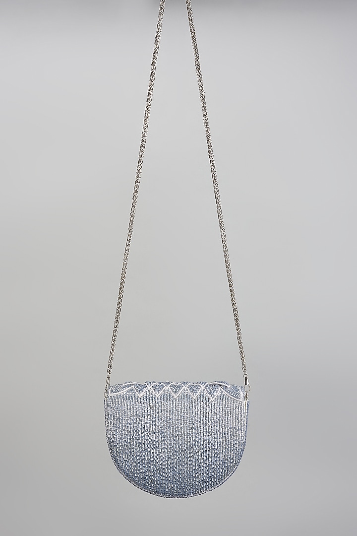 Blue Vegan Leather Crystal Embellished Clutch by BEAU MONDE at Pernia's Pop Up Shop