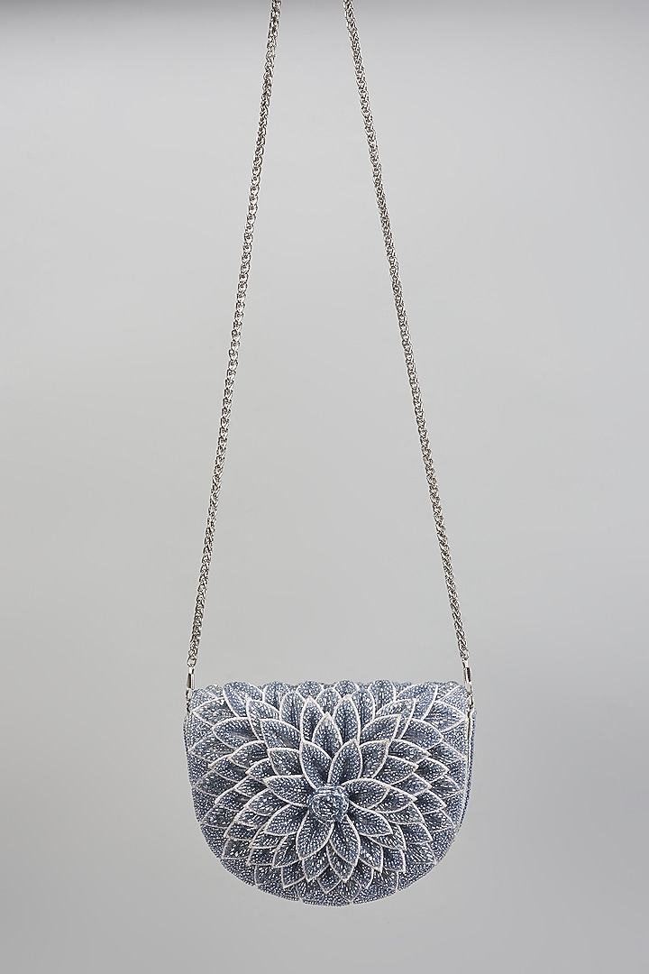 Blue Vegan Leather Crystal Embellished Clutch by BEAU MONDE at Pernia's Pop Up Shop
