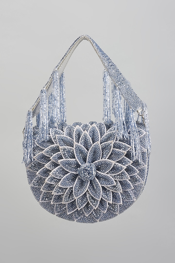Blue Vegan Leather Crystal Embellished Clutch by BEAU MONDE at Pernia's Pop Up Shop