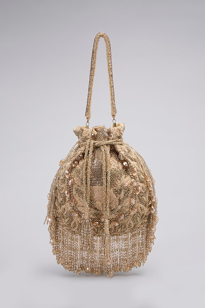 Rose Gold Velvet Pearl & Beads Embellished Handcrafted Potli by BEAU MONDE at Pernia's Pop Up Shop