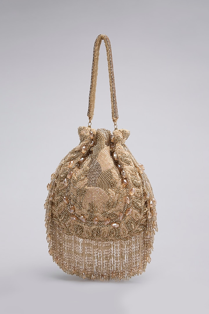 Rose Gold Velvet Pearl & Beads Embellished Handcrafted Potli by BEAU MONDE at Pernia's Pop Up Shop