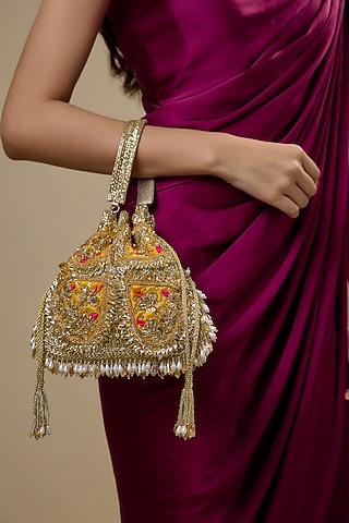 Multi-Colored Satin & Velvet Hand Embroidered Potli by BEAU MONDE