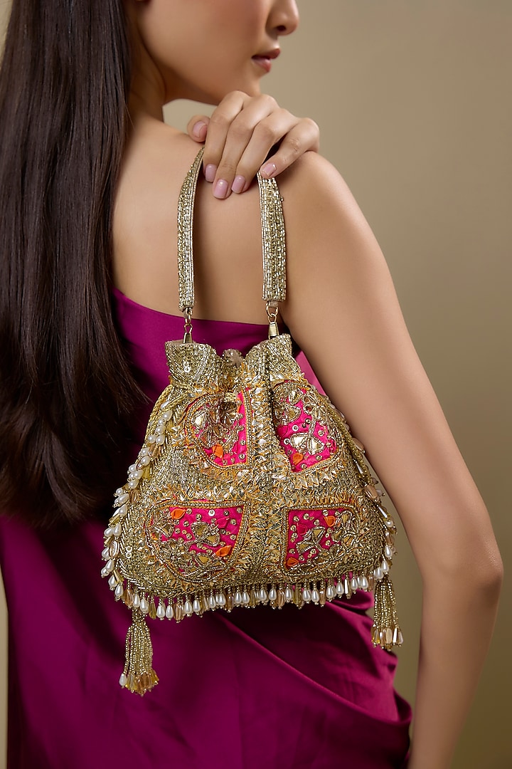 Multi-Colored Satin & Velvet Hand Embroidered Potli by BEAU MONDE at Pernia's Pop Up Shop