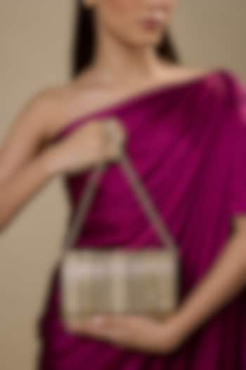 Gold Faux Leather & Satin Embellished Clutch by BEAU MONDE at Pernia's Pop Up Shop