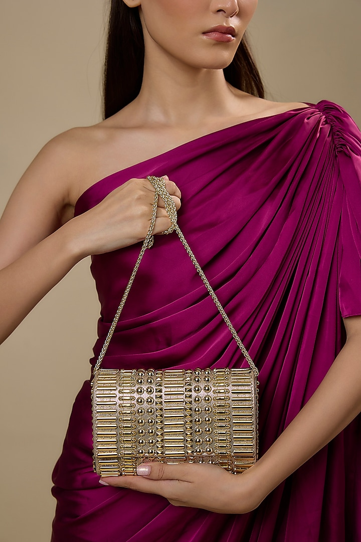Gold Faux Leather & Satin Embellished Clutch by BEAU MONDE at Pernia's Pop Up Shop