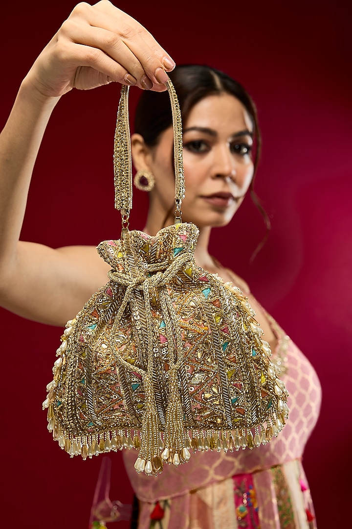 Gold Faux Leather & Satin Potli by BEAU MONDE at Pernia's Pop Up Shop
