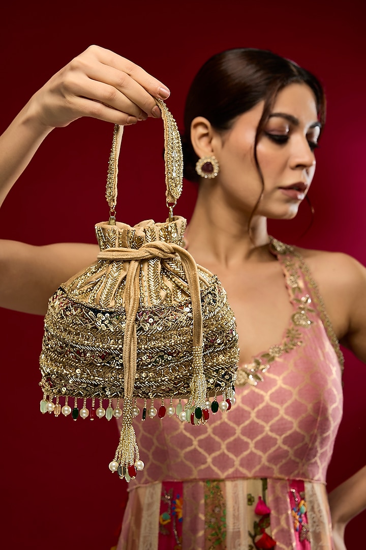 Gold Faux Leather & Satin Potli by BEAU MONDE at Pernia's Pop Up Shop