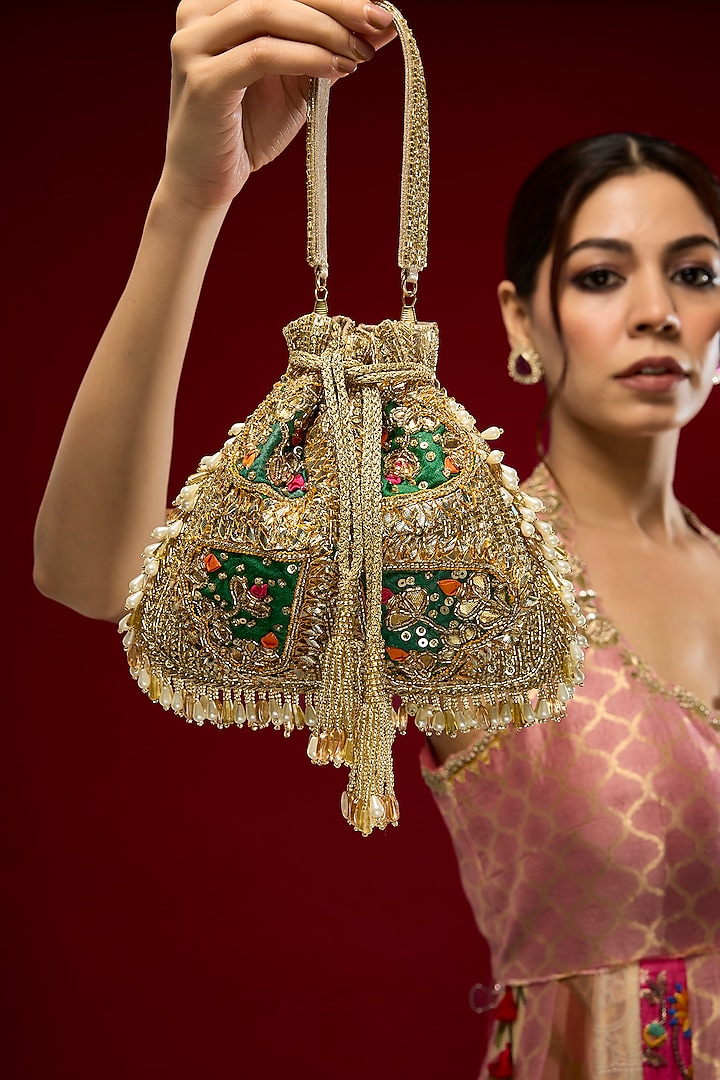 Gold Faux Leather & Satin Potli by BEAU MONDE at Pernia's Pop Up Shop