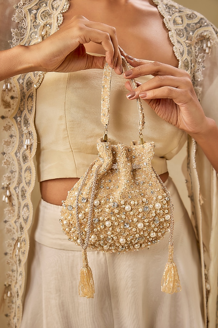 Peach Gold Satin & Velvet Potli by BEAU MONDE at Pernia's Pop Up Shop