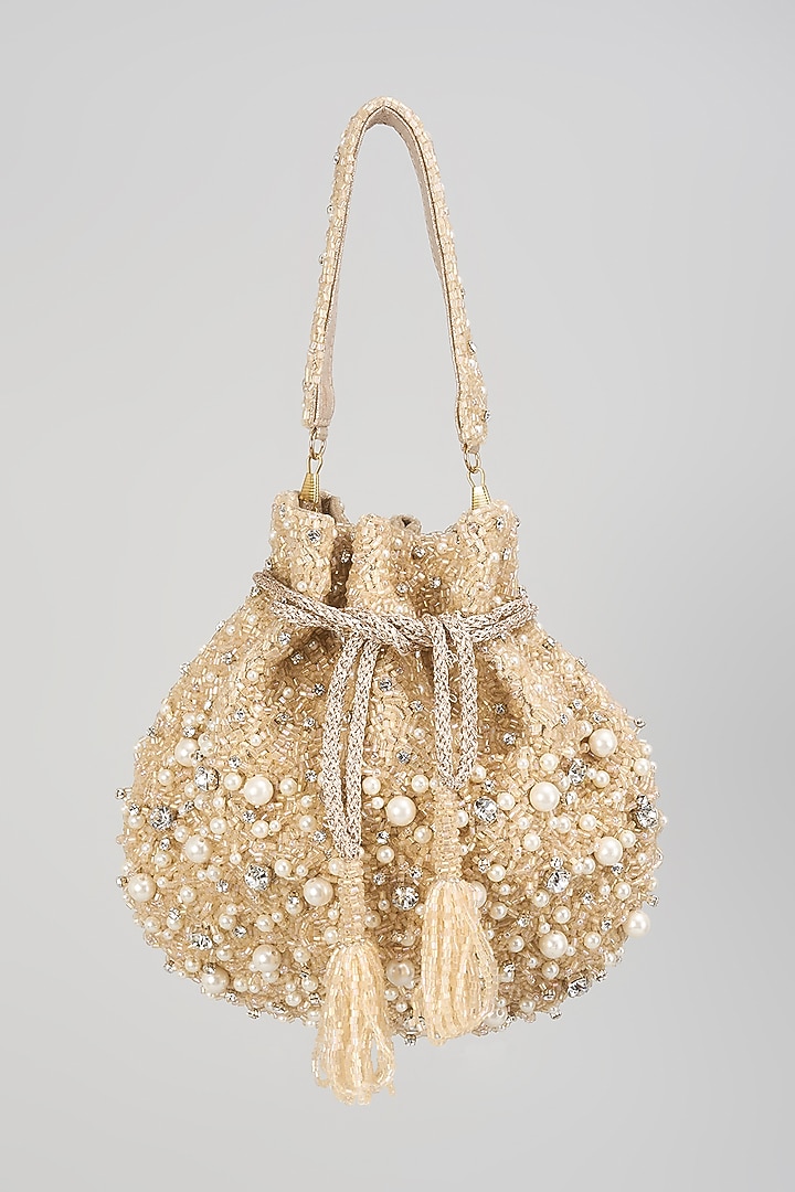 Peach Gold Satin & Velvet Potli by BEAU MONDE at Pernia's Pop Up Shop