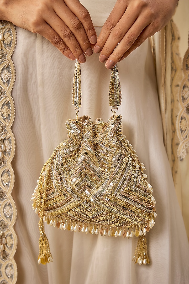Gold Satin & Velvet Potli by BEAU MONDE at Pernia's Pop Up Shop
