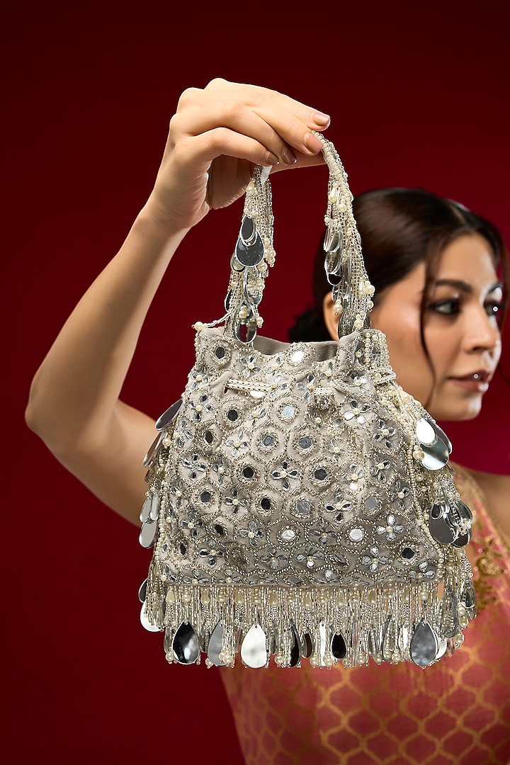 Silver Faux Leather & Satin Potli by BEAU MONDE at Pernia's Pop Up Shop