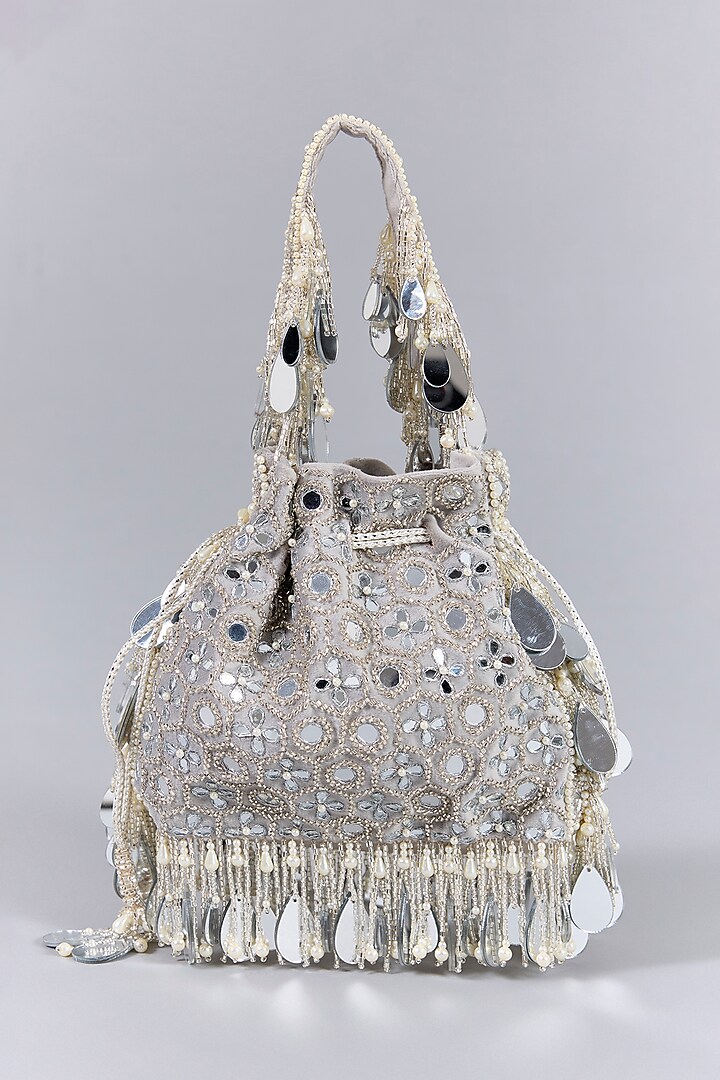 Silver Faux Leather & Satin Potli by BEAU MONDE at Pernia's Pop Up Shop