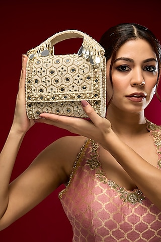 Gold Faux Leather & Satin Clutch by BEAU MONDE