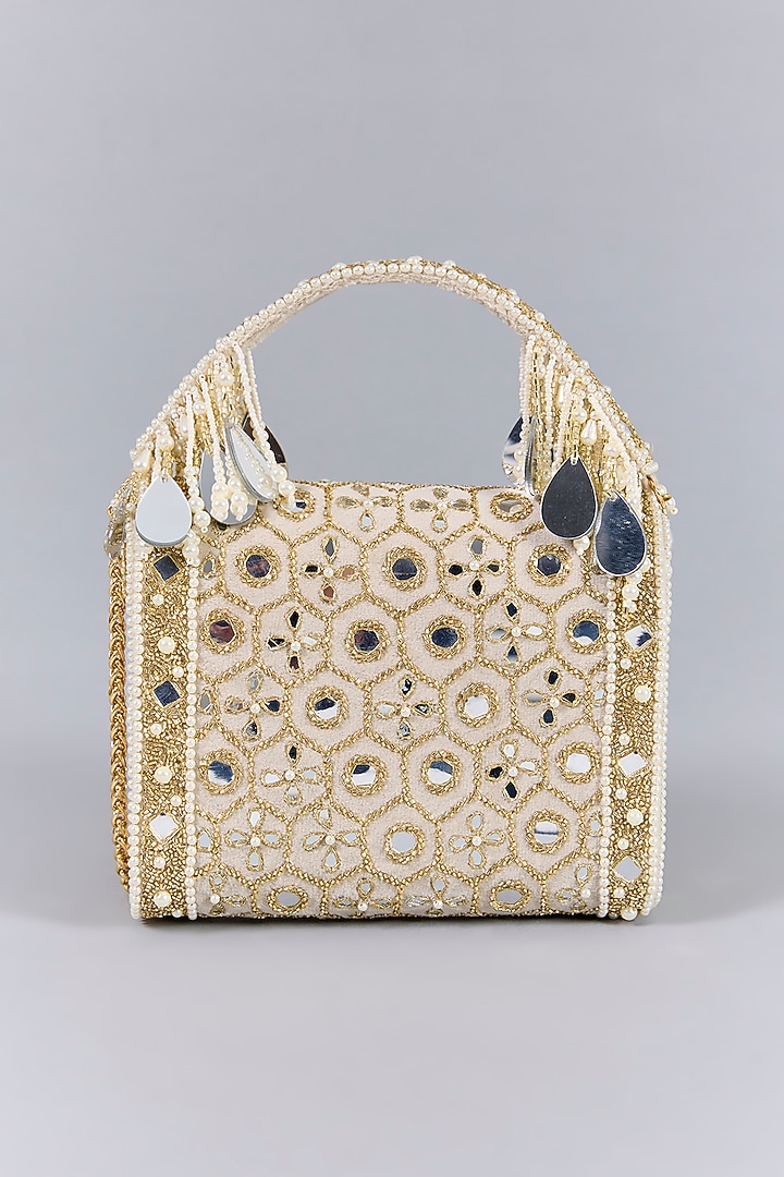 Gold Faux Leather & Satin Clutch by BEAU MONDE at Pernia's Pop Up Shop