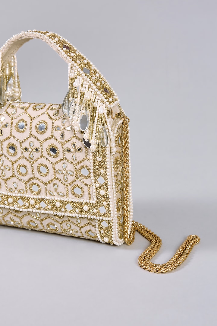 Gold Faux Leather & Satin Clutch by BEAU MONDE at Pernia's Pop Up Shop