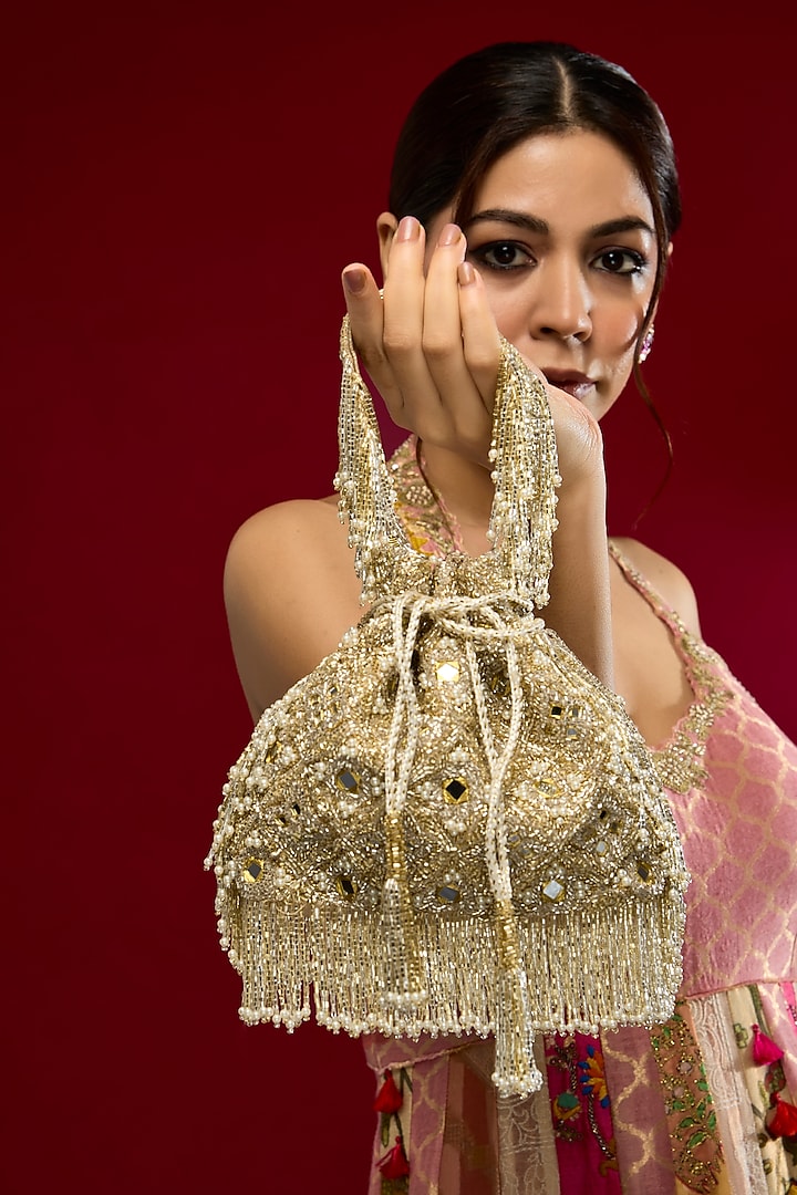 Gold Faux Leather & Satin Potli by BEAU MONDE at Pernia's Pop Up Shop