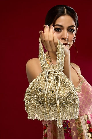 Gold Faux Leather & Satin Potli by BEAU MONDE