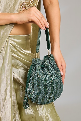Green Shimmer Faux Leather Potli by BEAU MONDE