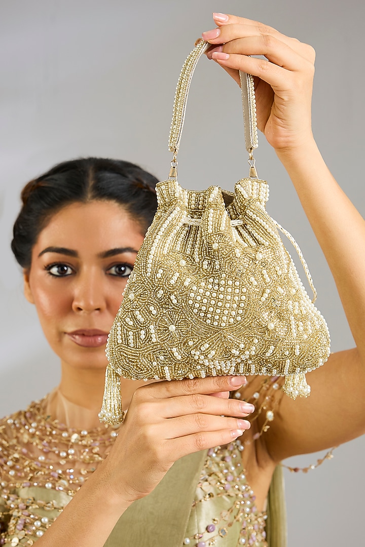 Gold Faux Leather Potli by BEAU MONDE at Pernia's Pop Up Shop