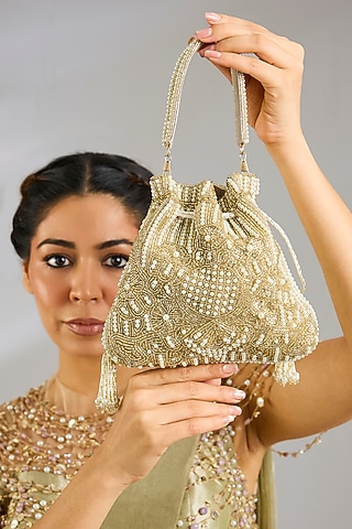 Gold Faux Leather Potli by BEAU MONDE