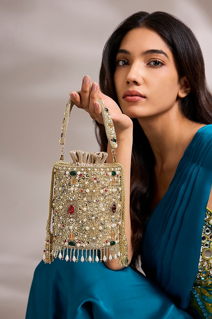 Gold Suede Velvet Bucket Bag by BEAU MONDE at Pernia's Pop Up Shop
